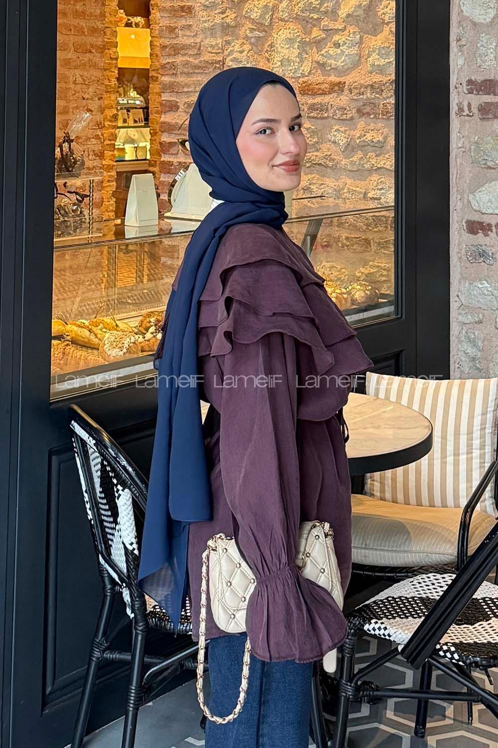 Lamelif Volan Detaylı Kol Büzgülü Gömlek Mürdüm