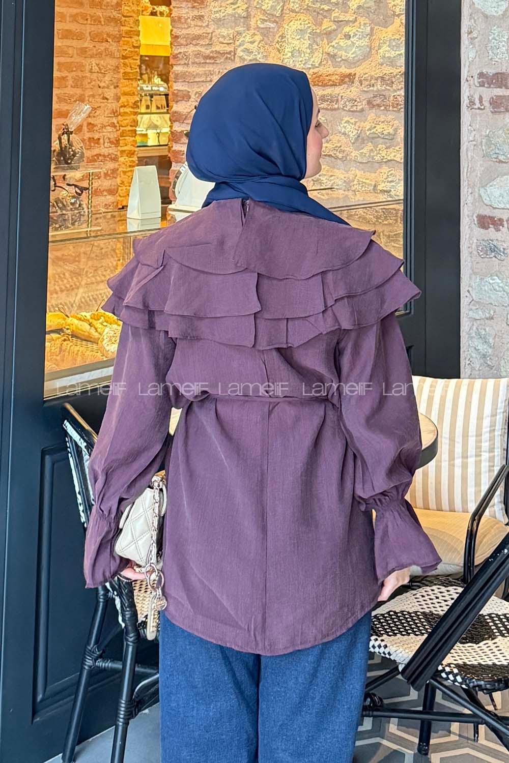 Lamelif Volan Detaylı Kol Büzgülü Gömlek Mürdüm