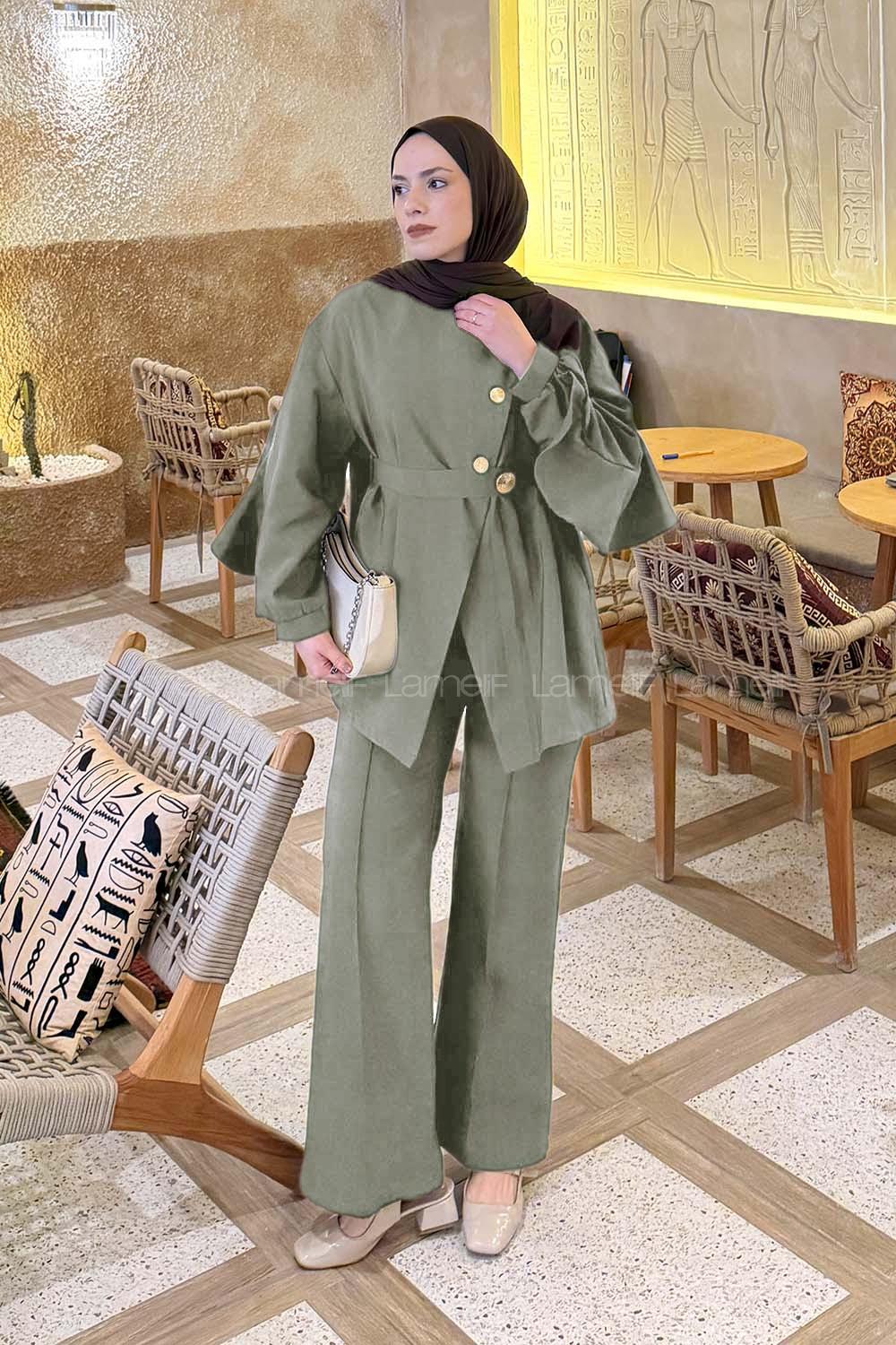 Lamelif Bağlama Detaylı Gold Düğmeli Takım Haki