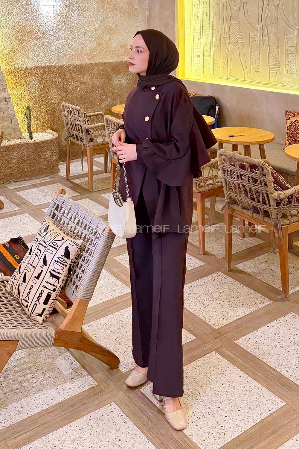 Lamelif Bağlama Detaylı Gold Düğmeli Takım Mürdüm