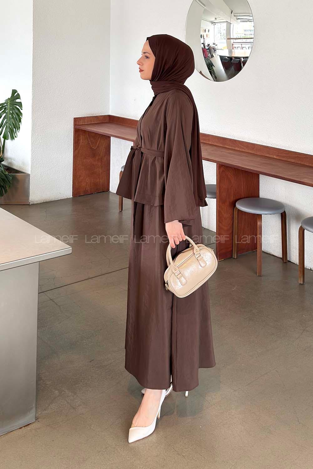 Lamelif Bağlama Detaylı Etekli Takım Acı Kahve