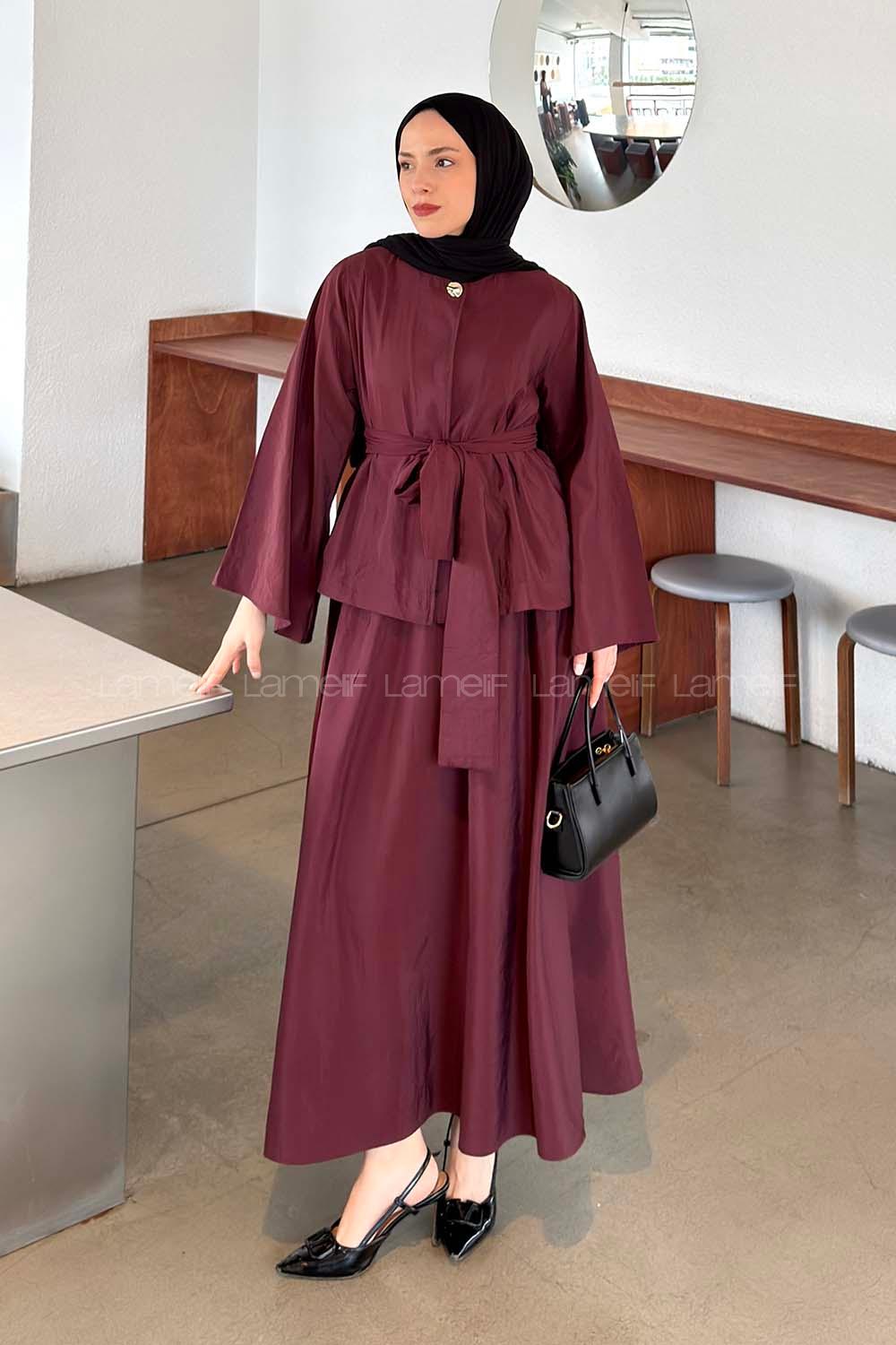 Lamelif Bağlama Detaylı Etekli Takım Bordo