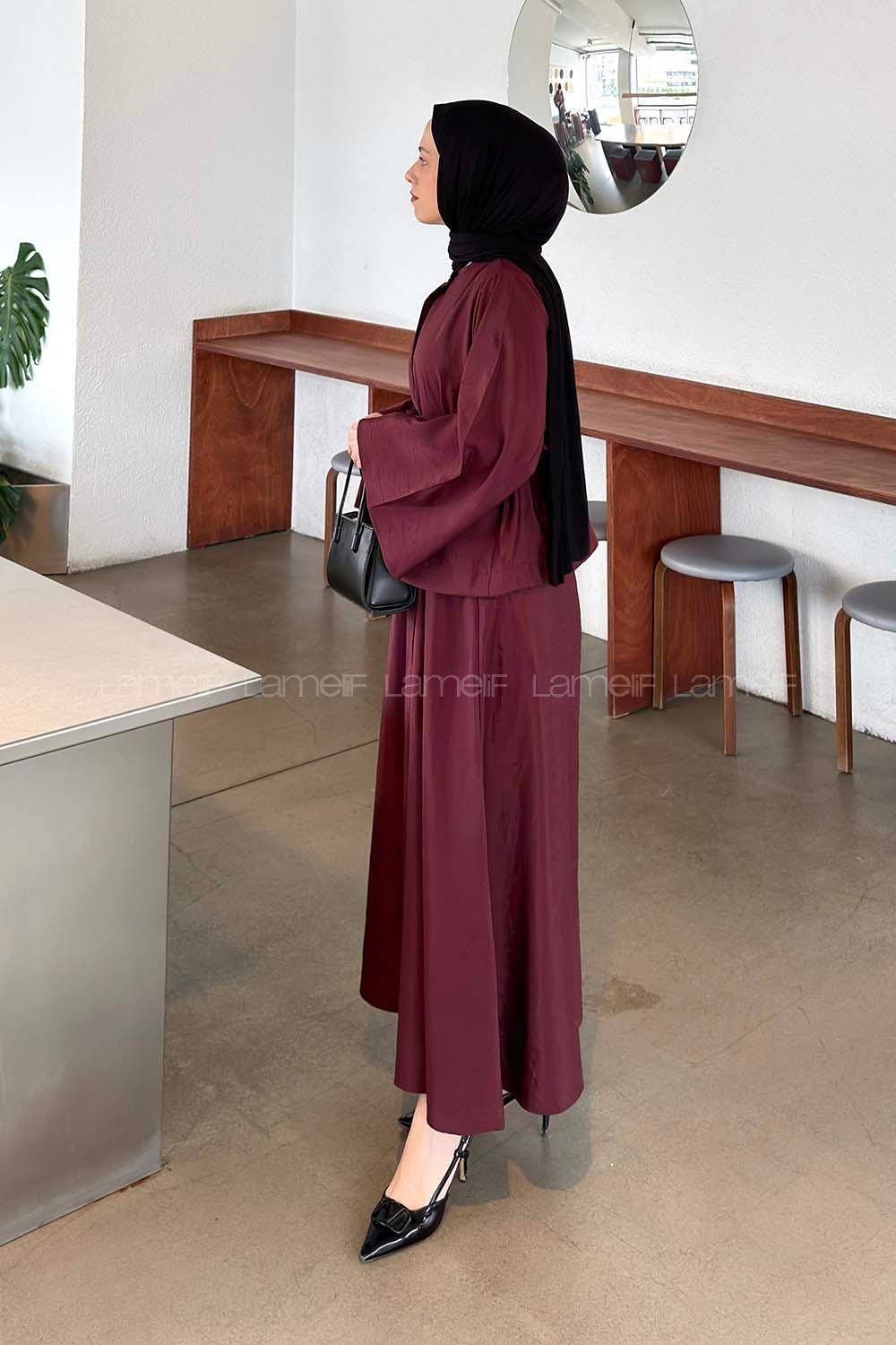 Lamelif Bağlama Detaylı Etekli Takım Bordo