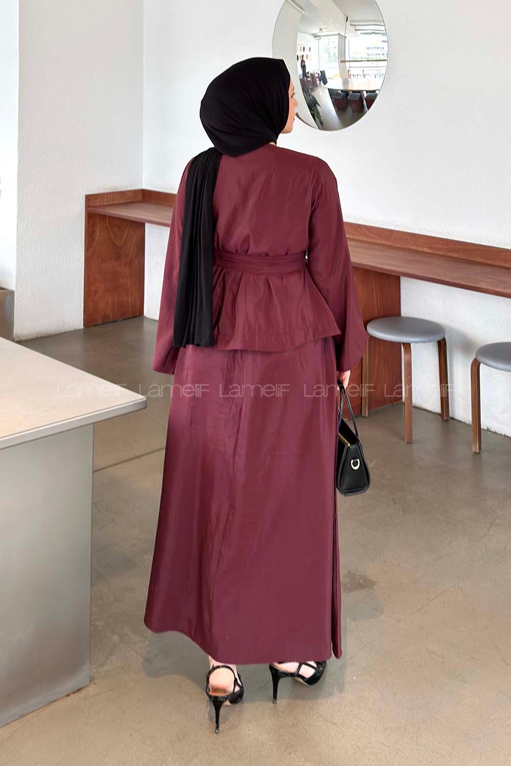 Lamelif Bağlama Detaylı Etekli Takım Bordo