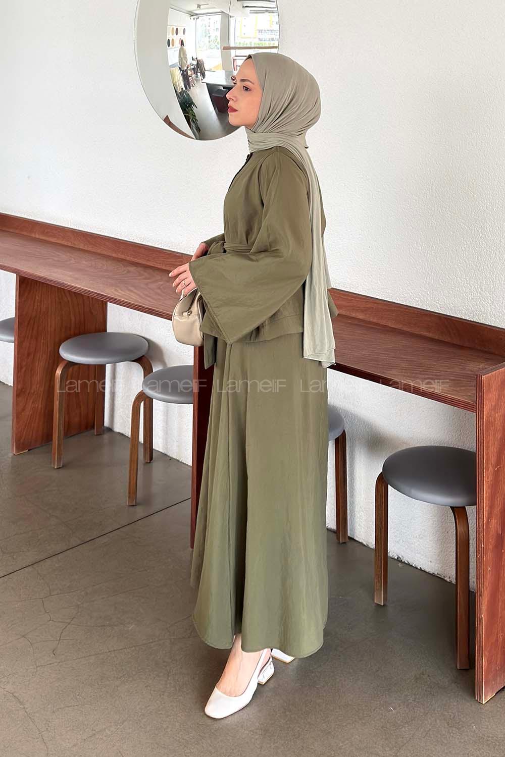 Lamelif Bağlama Detaylı Etekli Takım Haki