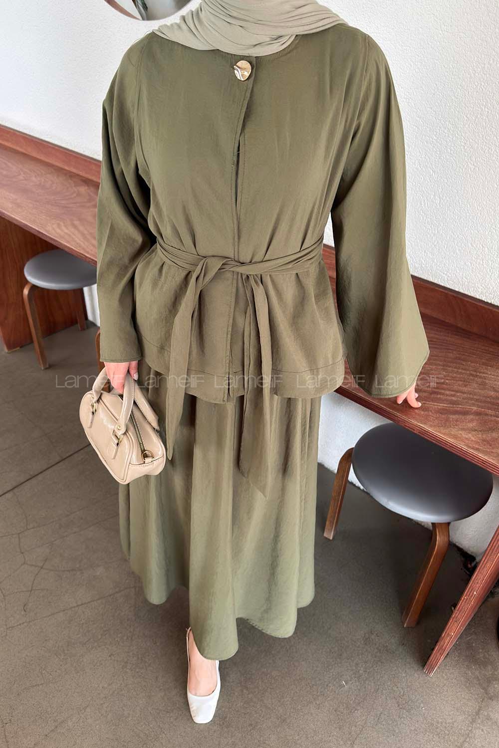 Lamelif Bağlama Detaylı Etekli Takım Haki