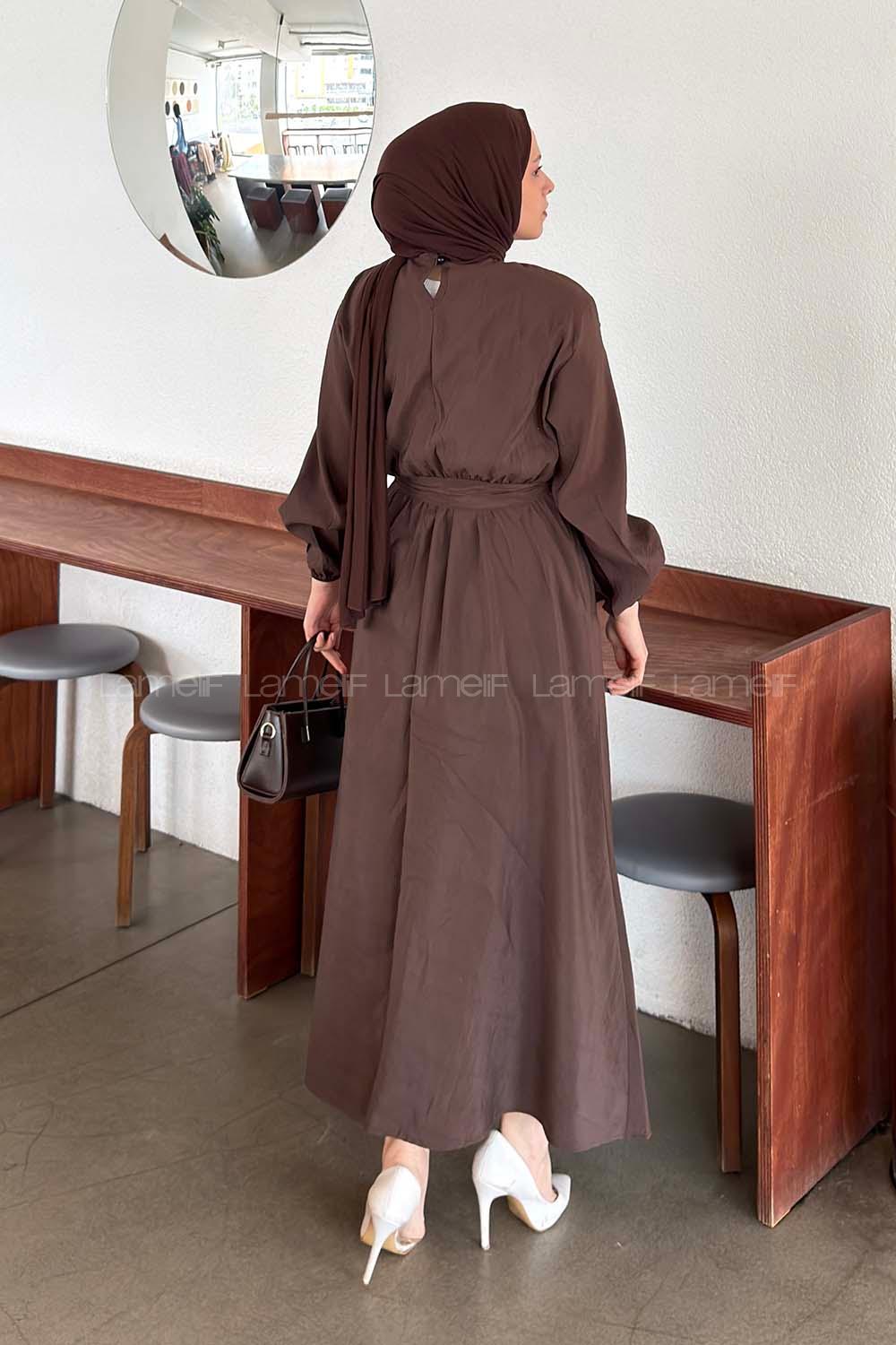 Lamelif Bağlama Detaylı Mevlana Elbise Koyu Kahverengi