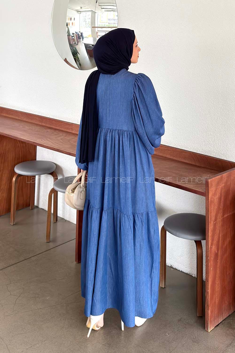 Lamelif Balon Kol Katlı Tesettür Elbise Kot Mavisi