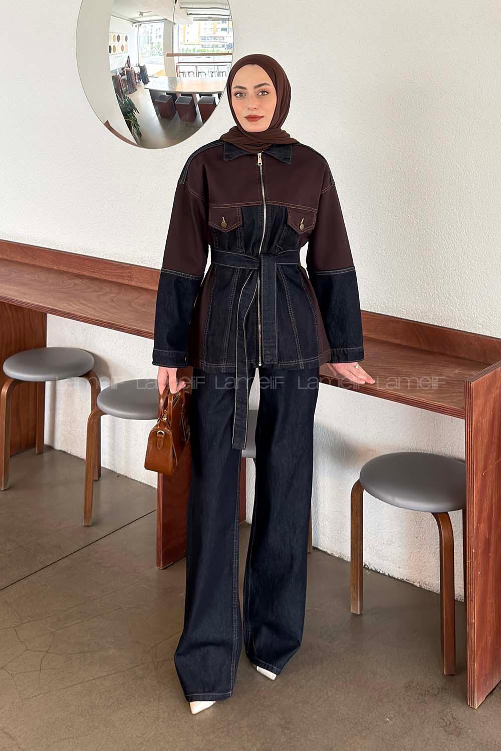 Lamelif Çift Renk Kuşaklı İkili Takım Koyu Mavi