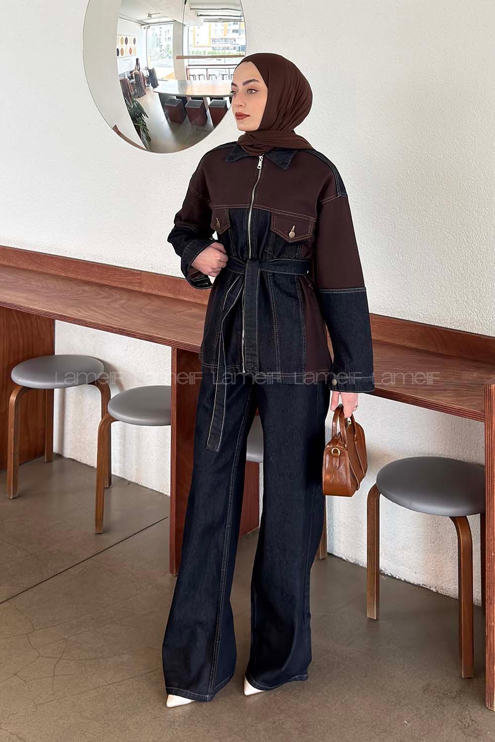 Lamelif Çift Renk Kuşaklı İkili Takım Koyu Mavi