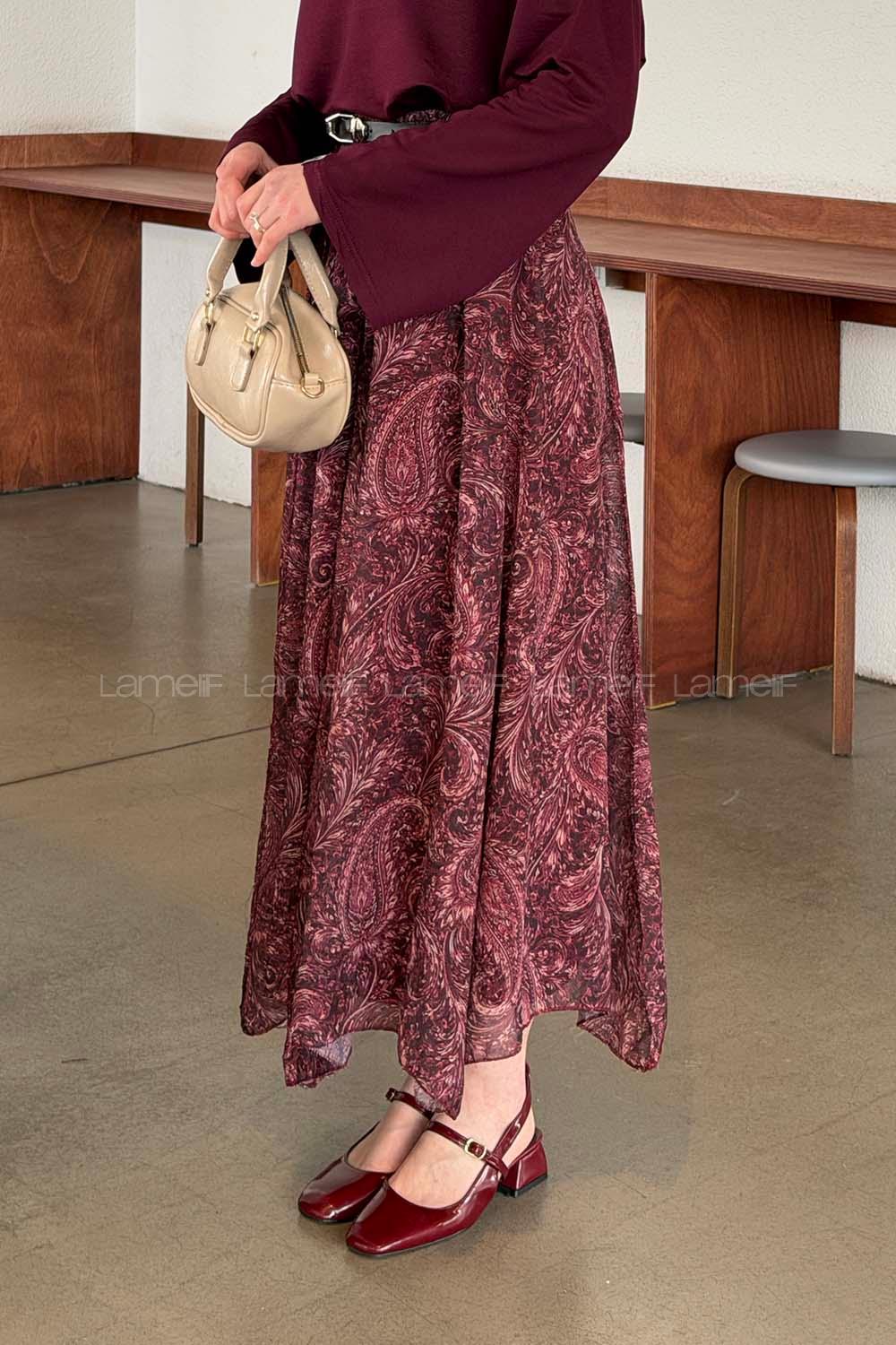 Lamelif Desenli Şifon Etek Bordo