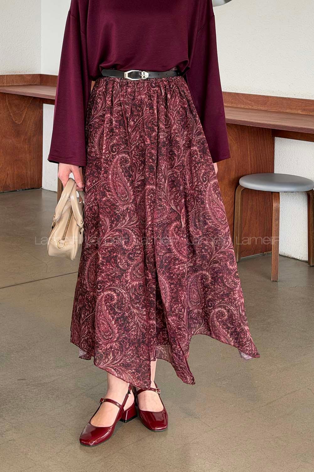 Lamelif Desenli Şifon Etek Bordo