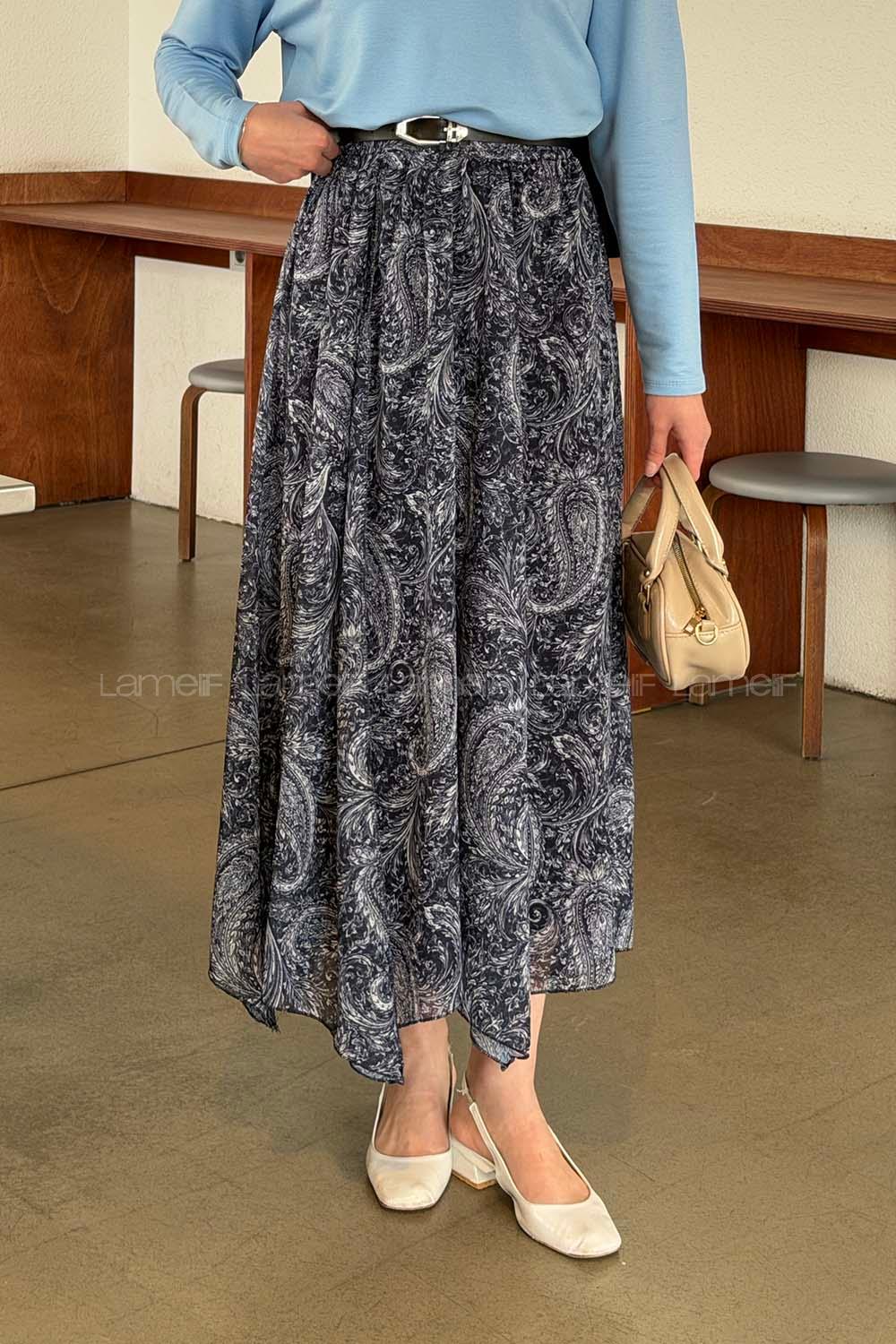 Lamelif Desenli Şifon Etek Lacivert