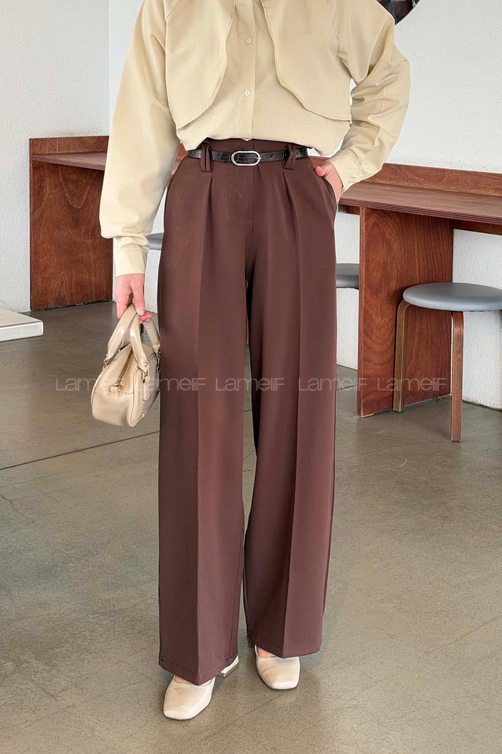 Lamelif Kemerli Pensli Pantolon Acı Kahve