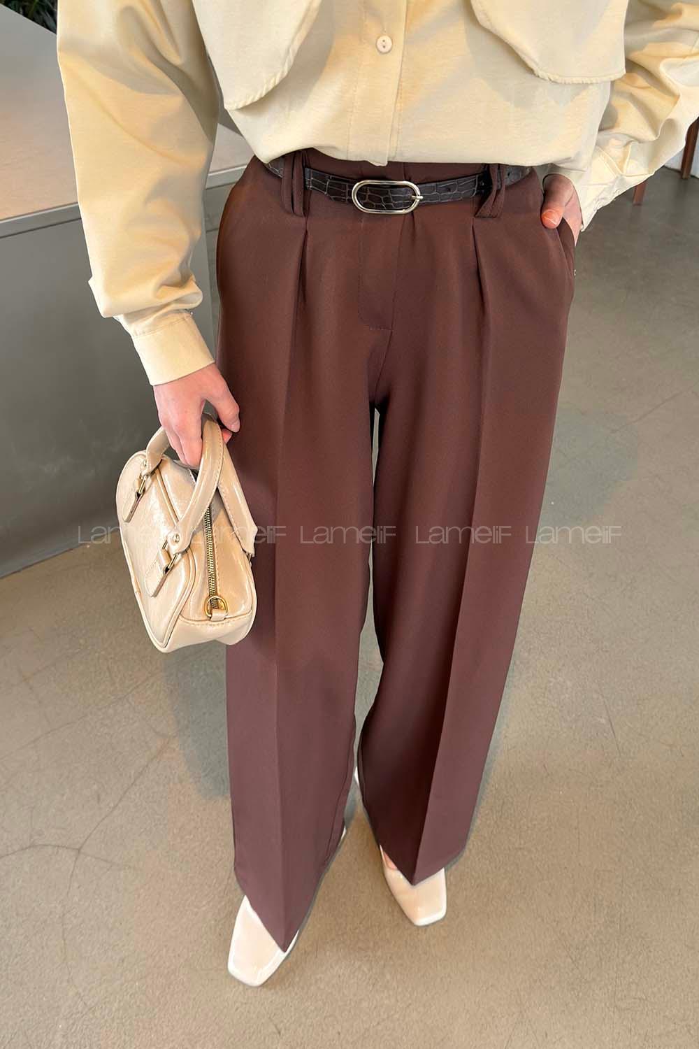 Lamelif Kemerli Pensli Pantolon Acı Kahve