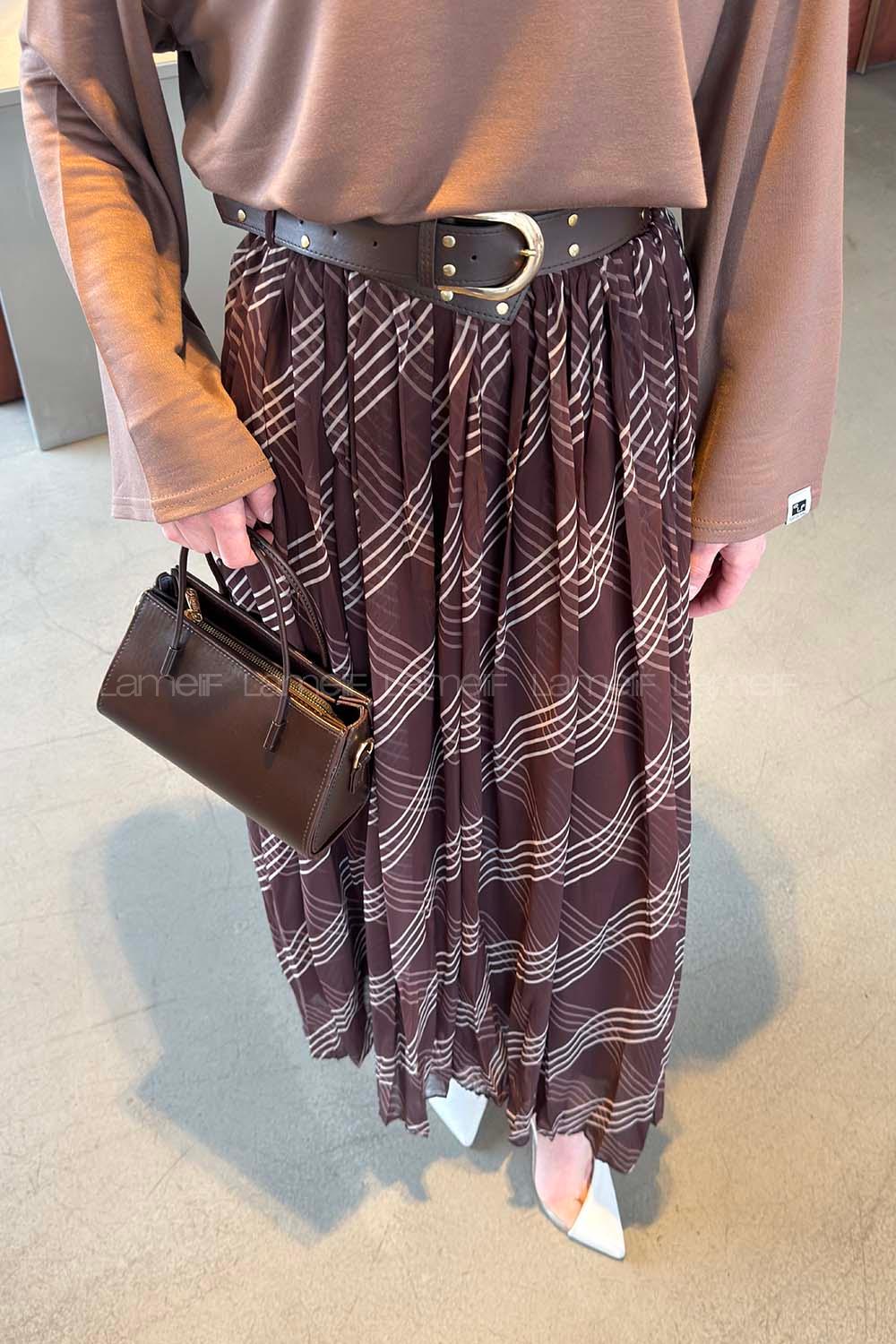 Lamelif Kemerli Şifon Etek Kahverengi