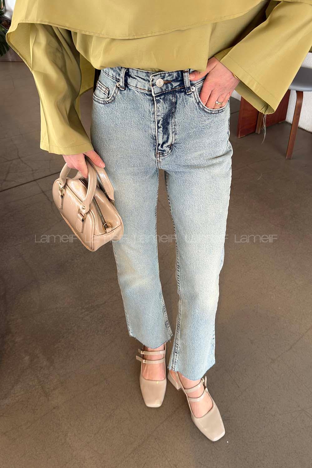 Lamelif Kesik Paça Fit Jean Açık Mavi