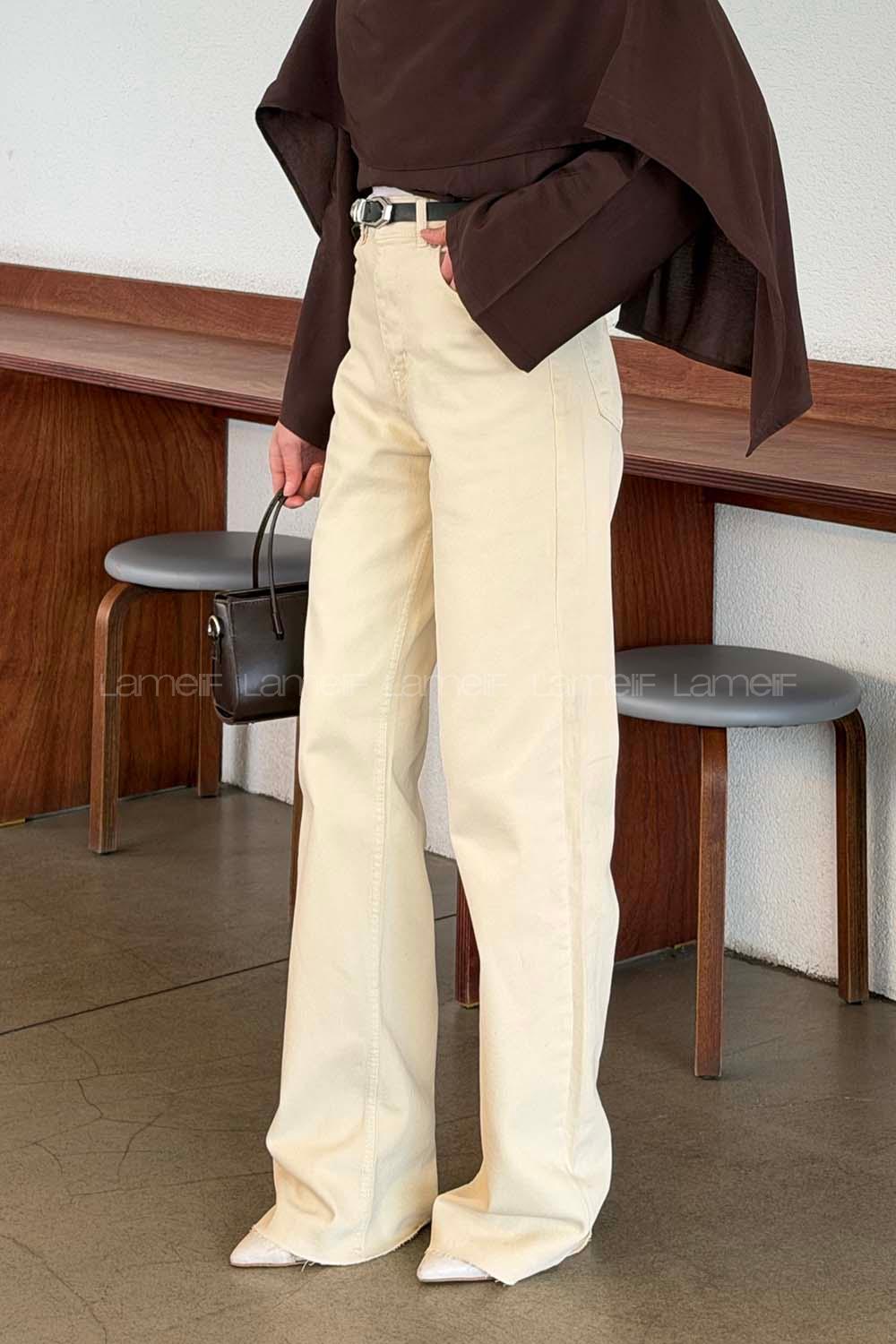 Lamelif Kesik Paça Renkli Dikiş Pantolon Krem