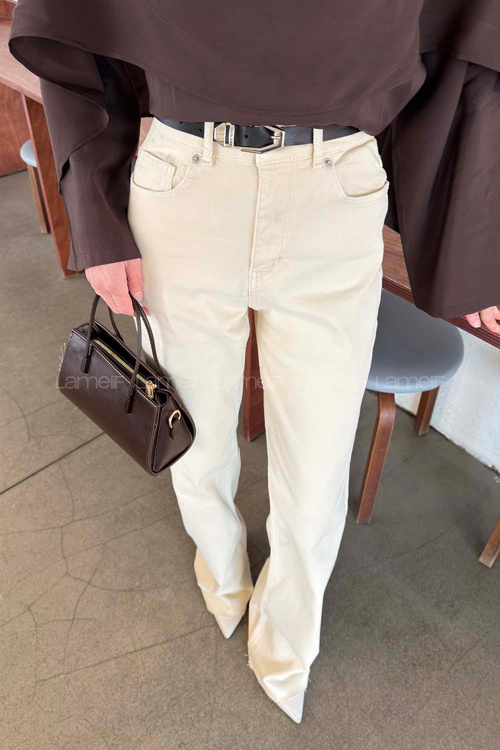 Lamelif Kesik Paça Renkli Dikiş Pantolon Krem