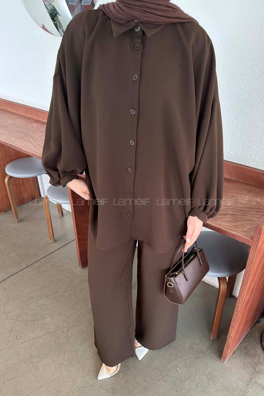 Lamelif Kol Büzgü Detaylı Takım Kahve