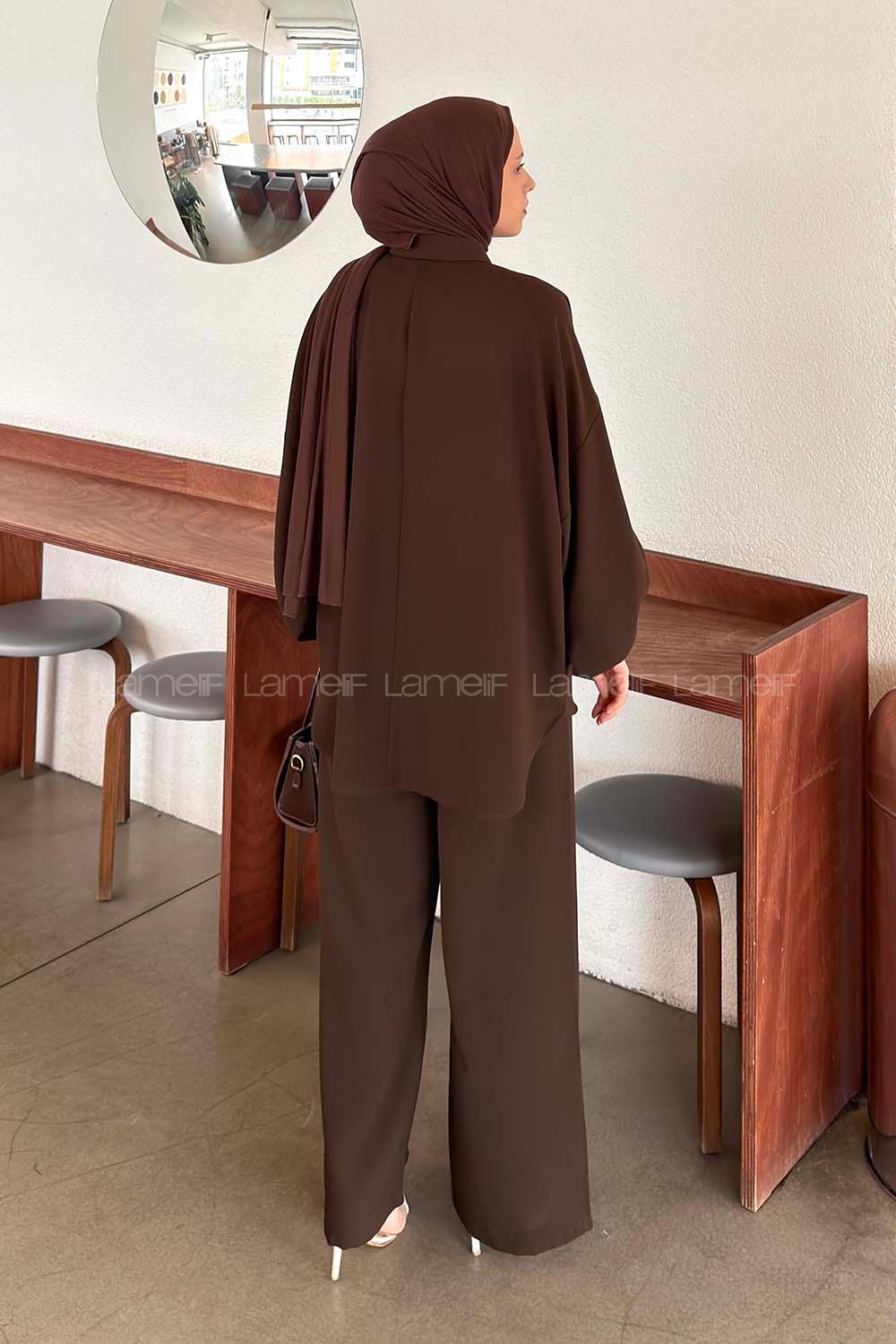 Lamelif Kol Büzgü Detaylı Takım Kahve