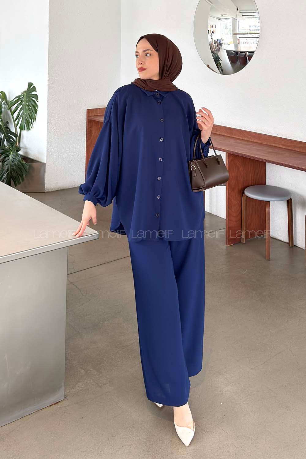 Navy Blue Shirt Collar Long Arm Crepe Fabric Regular Trousers Comfortable Suit