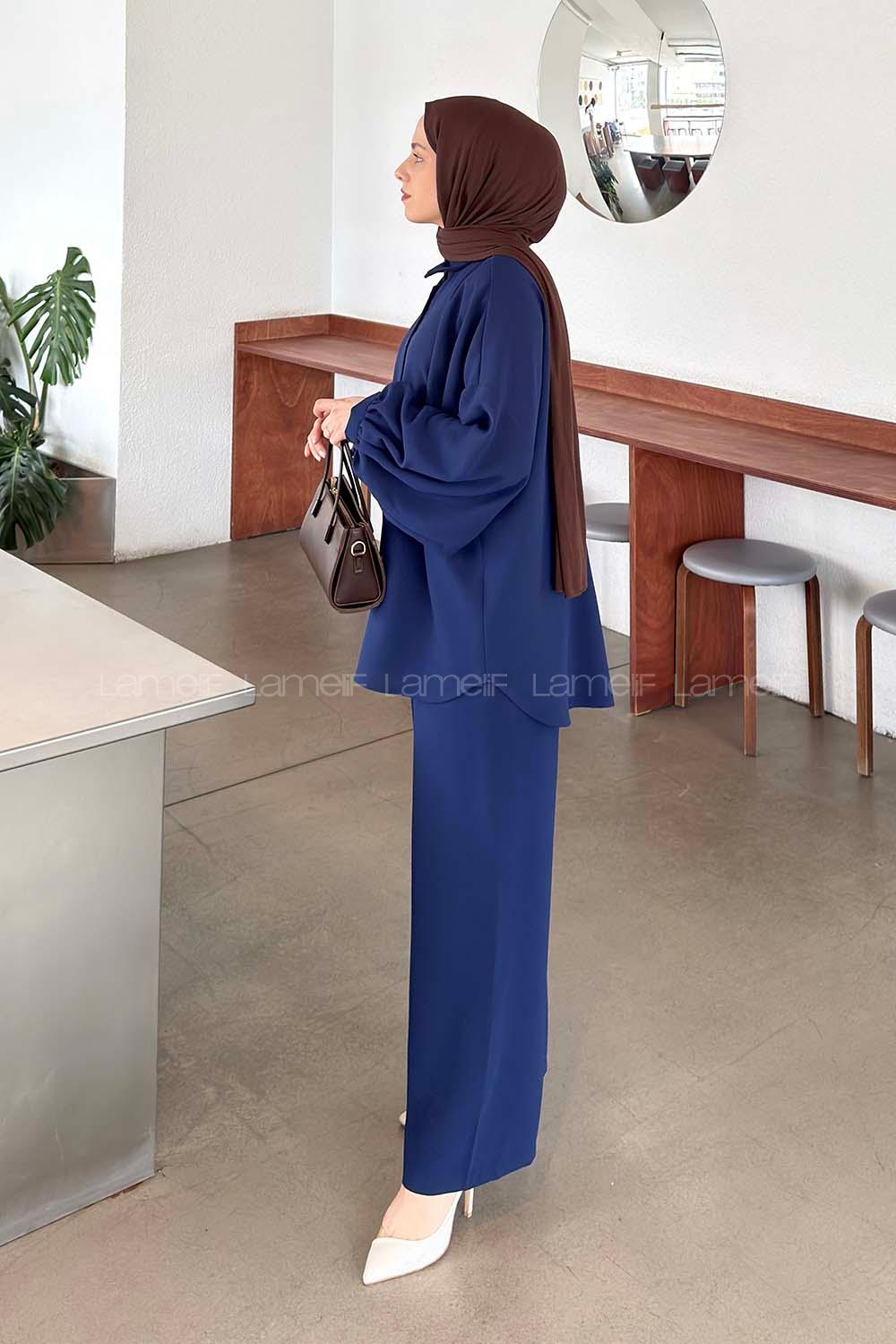Navy Blue Shirt Collar Long Arm Crepe Fabric Regular Trousers Comfortable Suit