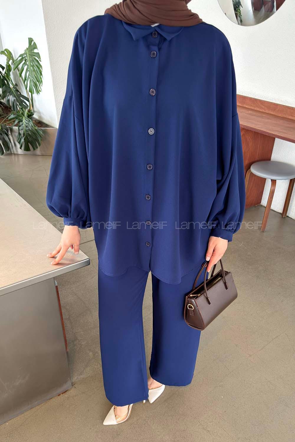 Navy Blue Shirt Collar Long Arm Crepe Fabric Regular Trousers Comfortable Suit