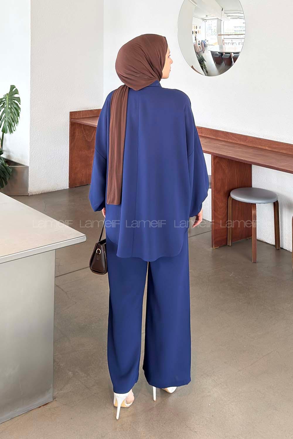 Navy Blue Shirt Collar Long Arm Crepe Fabric Regular Trousers Comfortable Suit