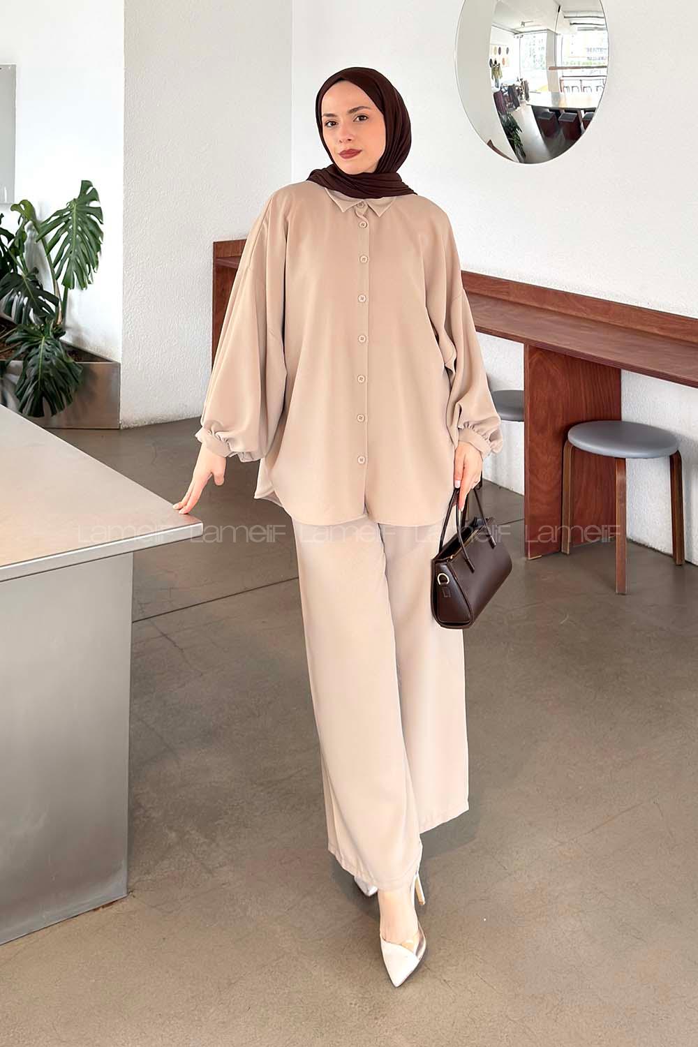 Lamelif Kol Büzgü Detaylı Takım Taş Rengi