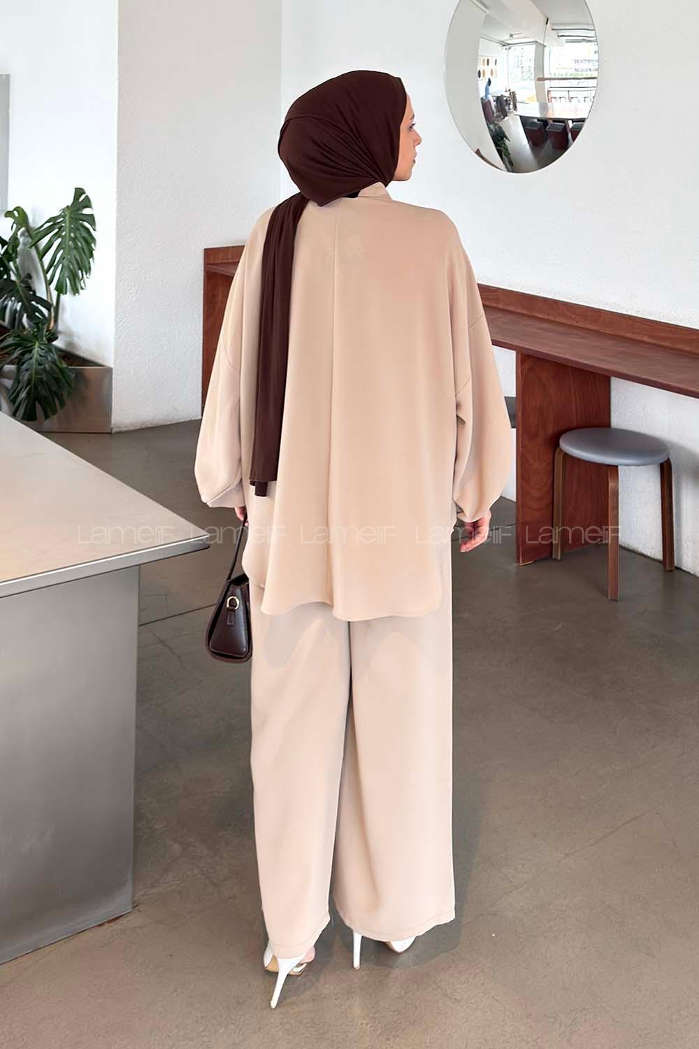 Lamelif Kol Büzgü Detaylı Takım Taş Rengi