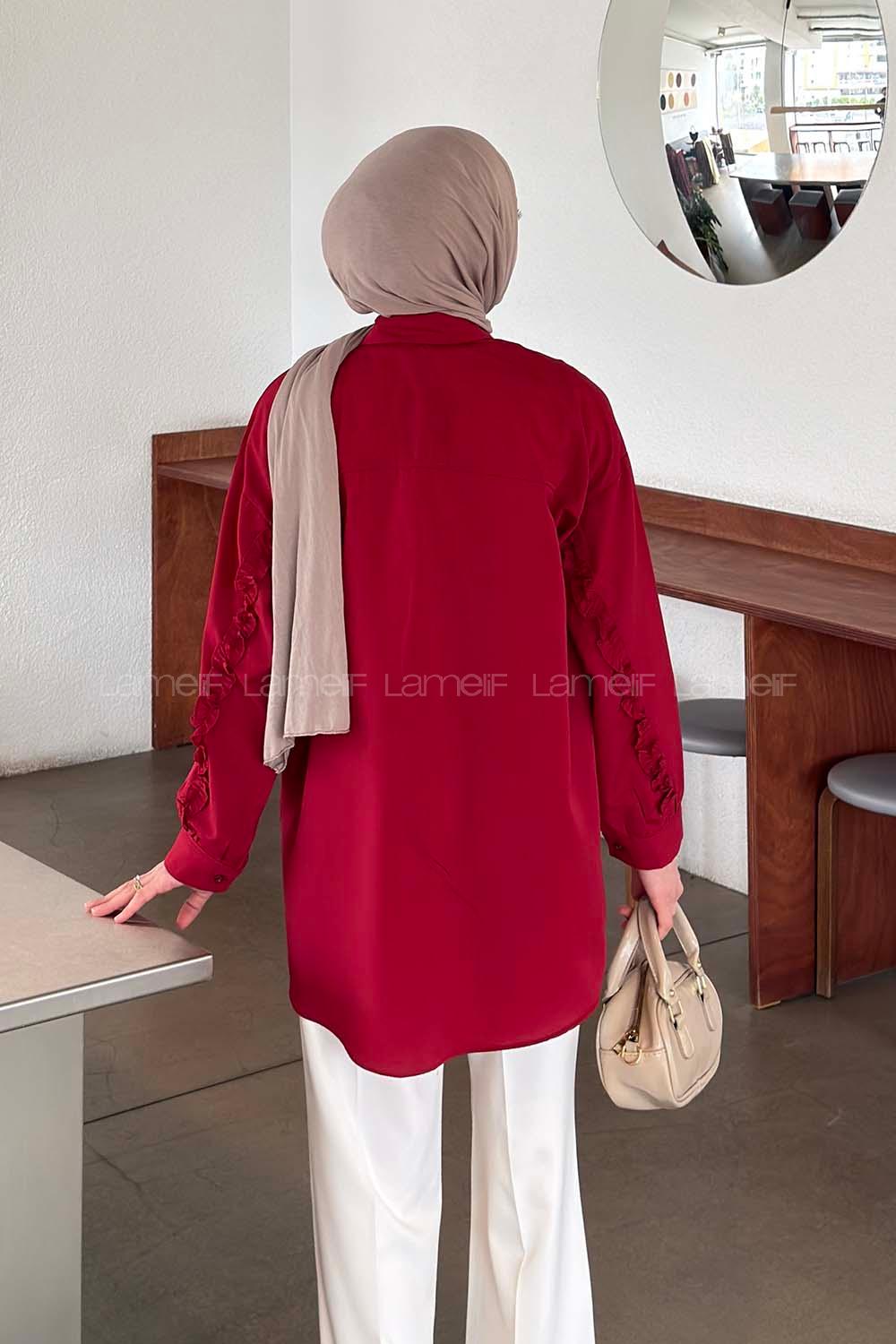 Lamelif Kol Fırfır Detaylı Gömlek Bordo