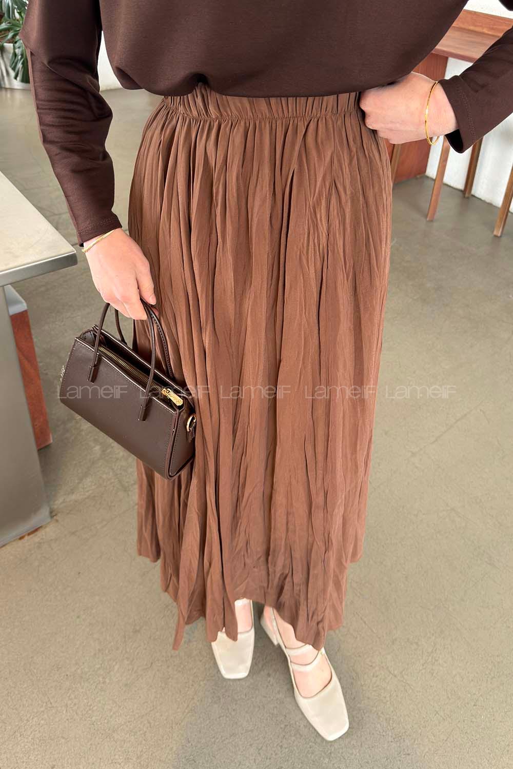 Lamelif Kraşlı Tesettür Etek Acı Kahve