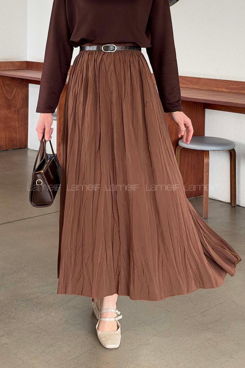 Lamelif Kraşlı Tesettür Etek Acı Kahve