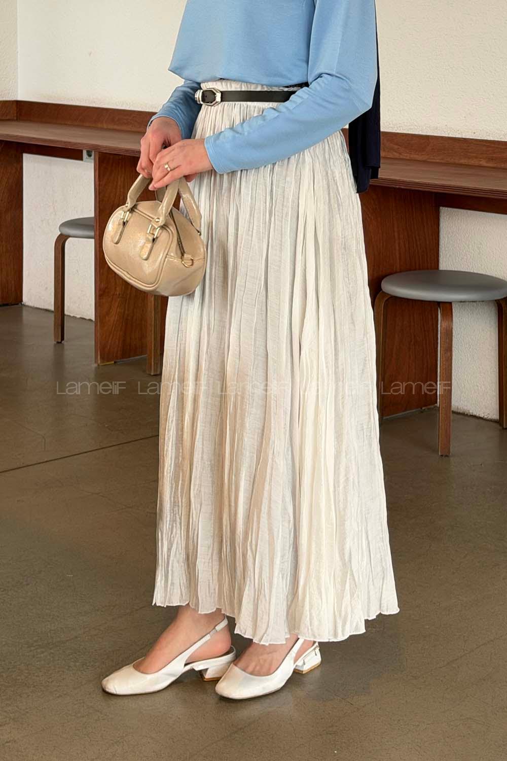 Lamelif Kraşlı Tesettür Etek Beyaz