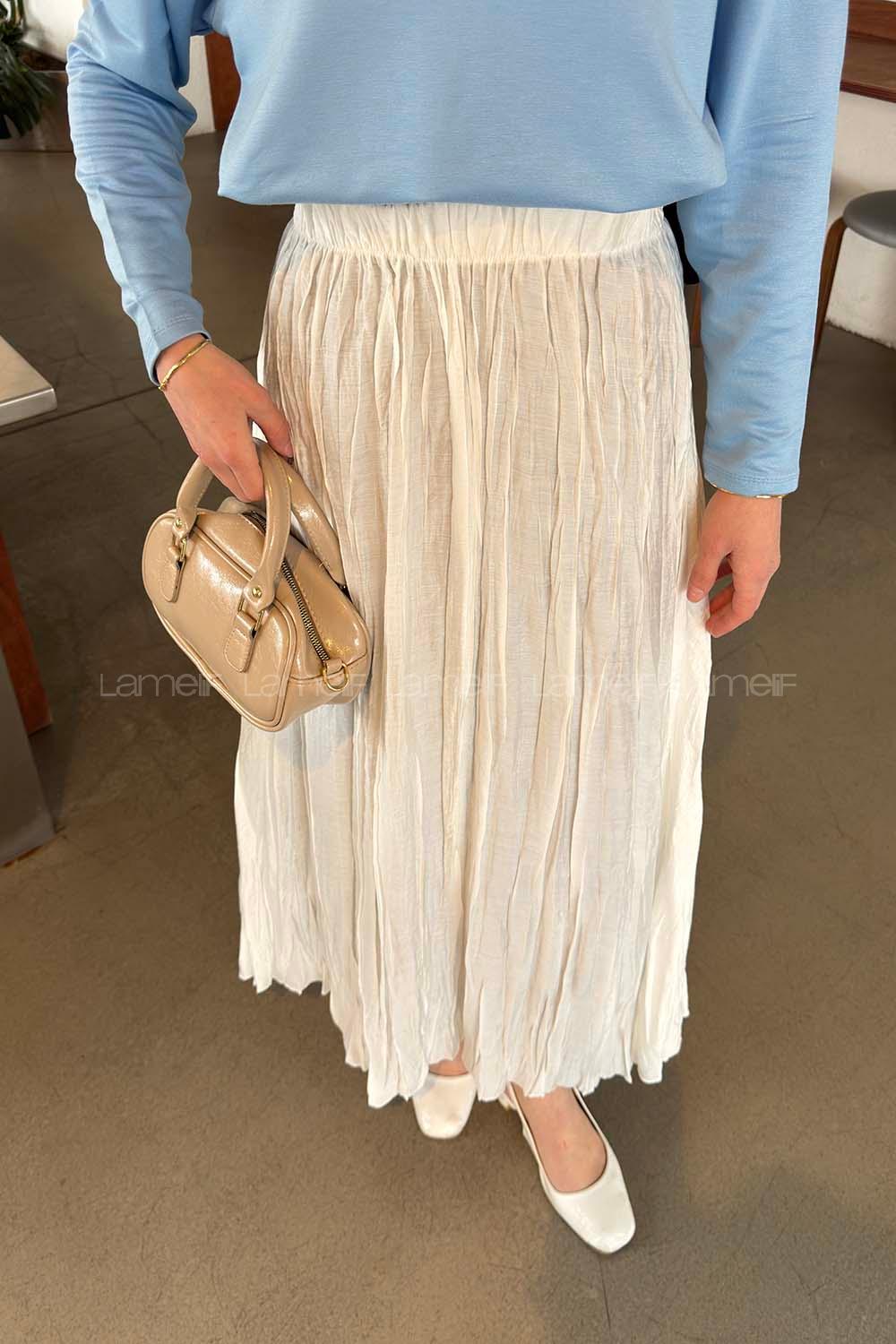 Lamelif Kraşlı Tesettür Etek Beyaz