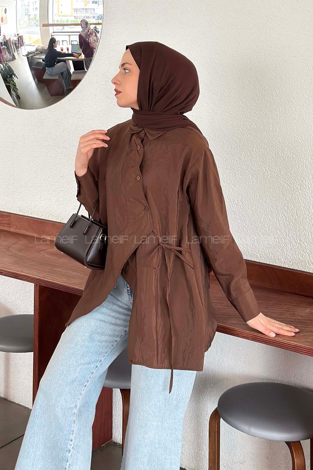 Lamelif Önü Çapraz Bağlamalı Gömlek Kahverengi