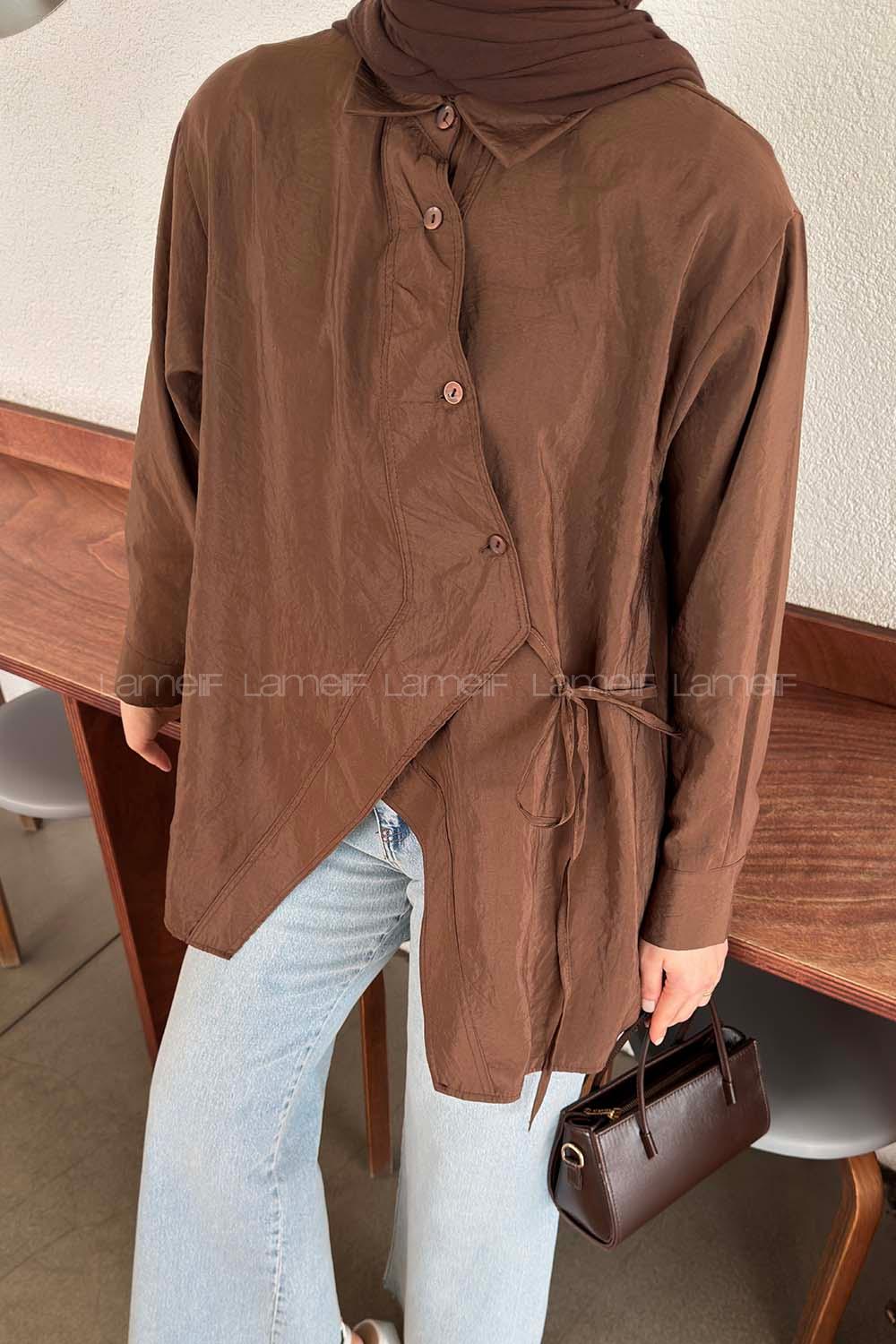 Lamelif Önü Çapraz Bağlamalı Gömlek Kahverengi