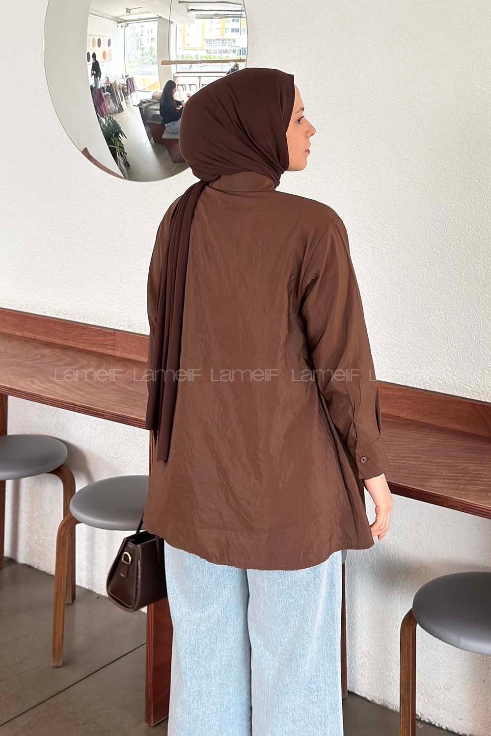 Lamelif Önü Çapraz Bağlamalı Gömlek Kahverengi