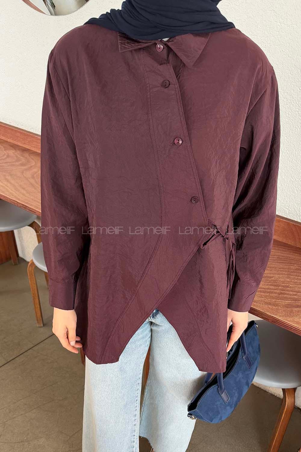 Lamelif Önü Çapraz Bağlamalı Gömlek Mürdüm