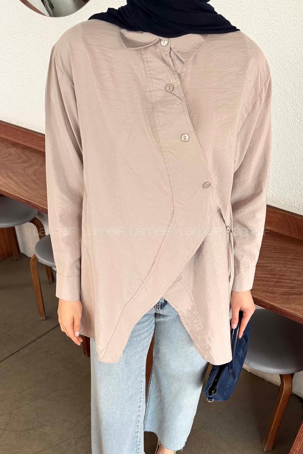 Lamelif Önü Çapraz Bağlamalı Gömlek Taş