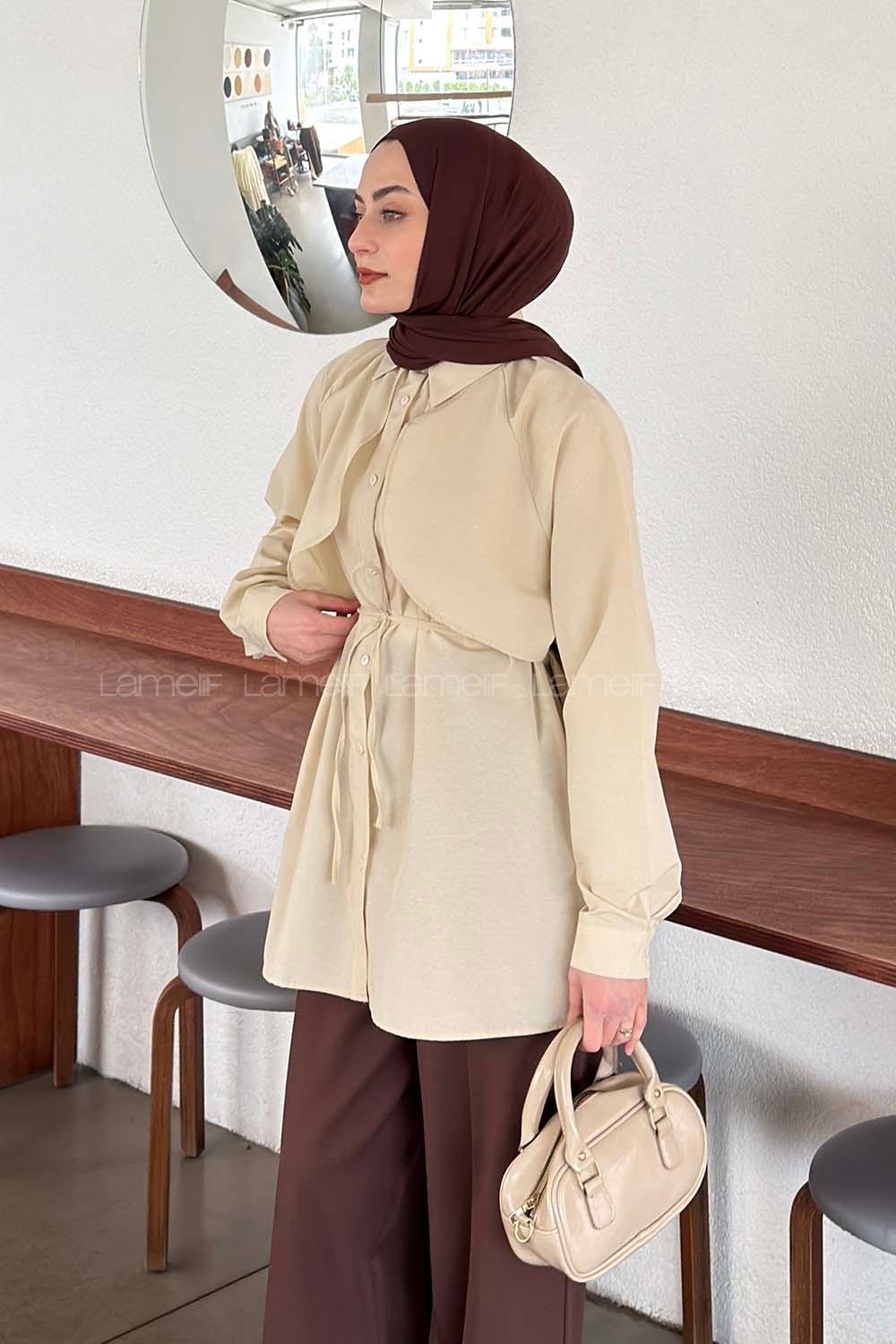 Lamelif Pelerin Detaylı Gömlek Bej