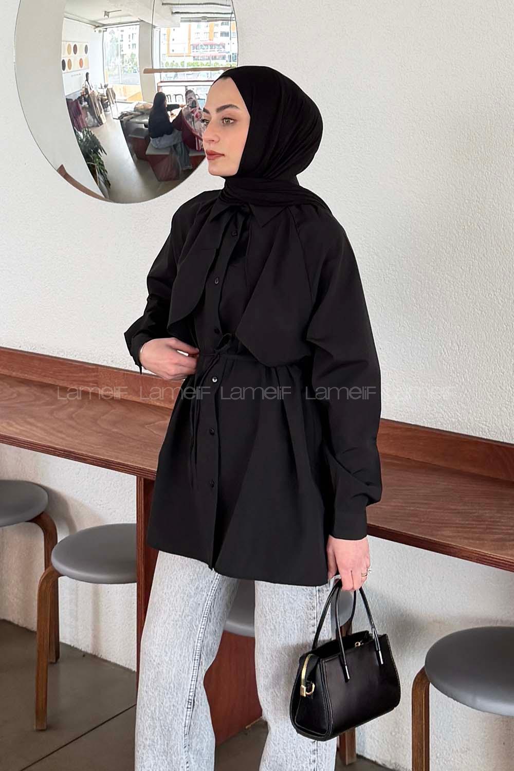 Lamelif Pelerin Detaylı Gömlek Siyah