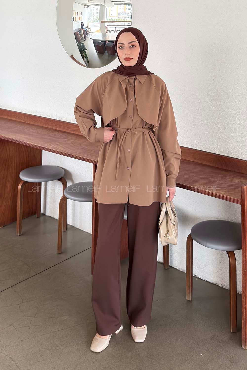 Lamelif Pelerin Detaylı Gömlek Soft Kahve
