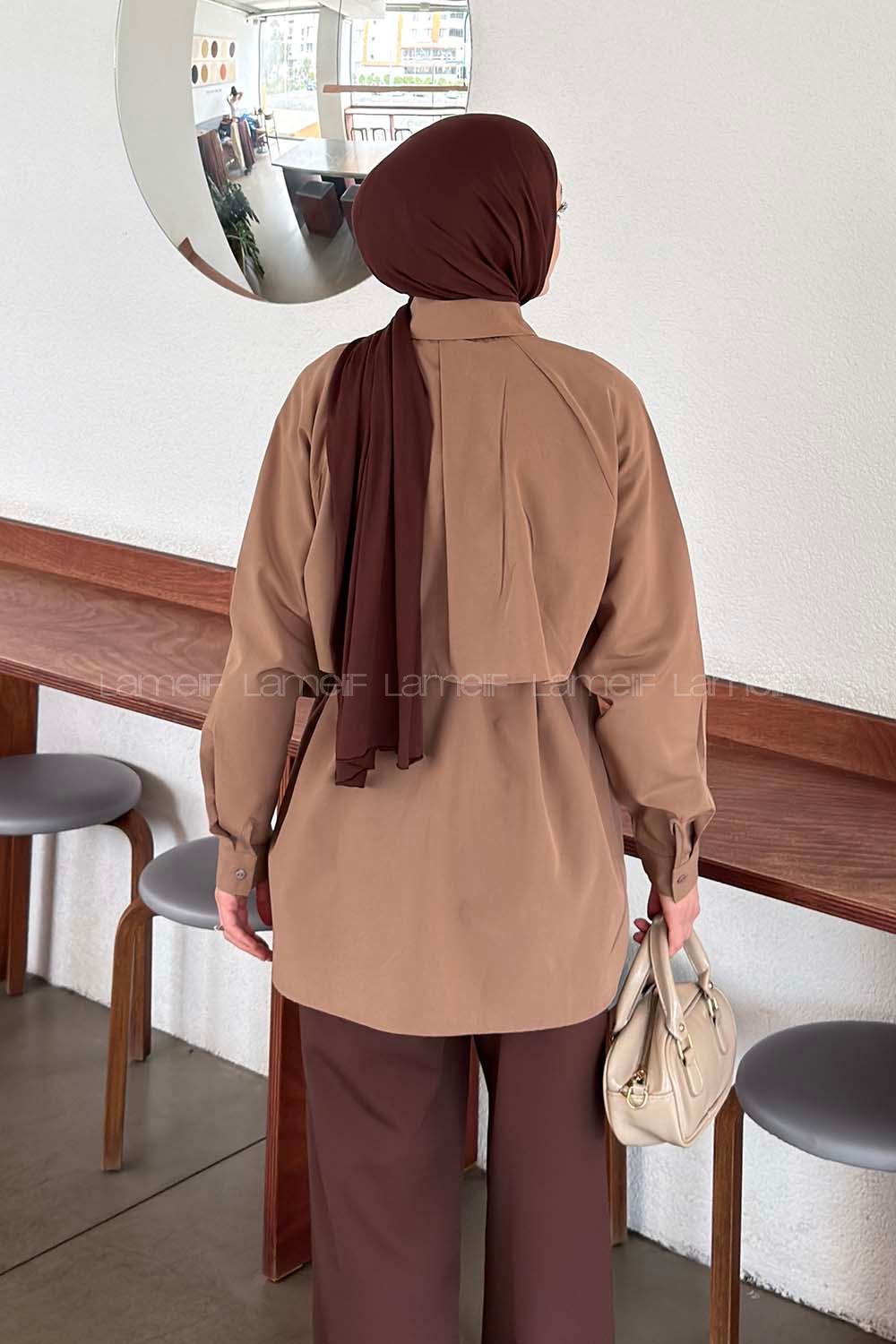 Lamelif Pelerin Detaylı Gömlek Soft Kahve