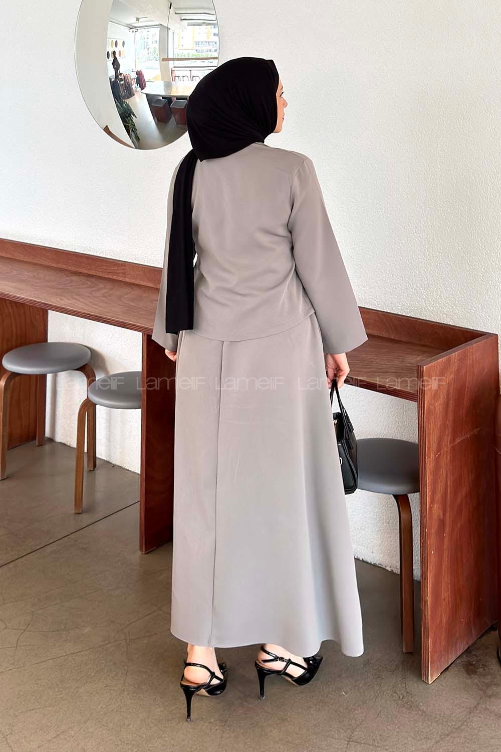 Lamelif Yan Bağlama Detaylı Etekli Takım Gri