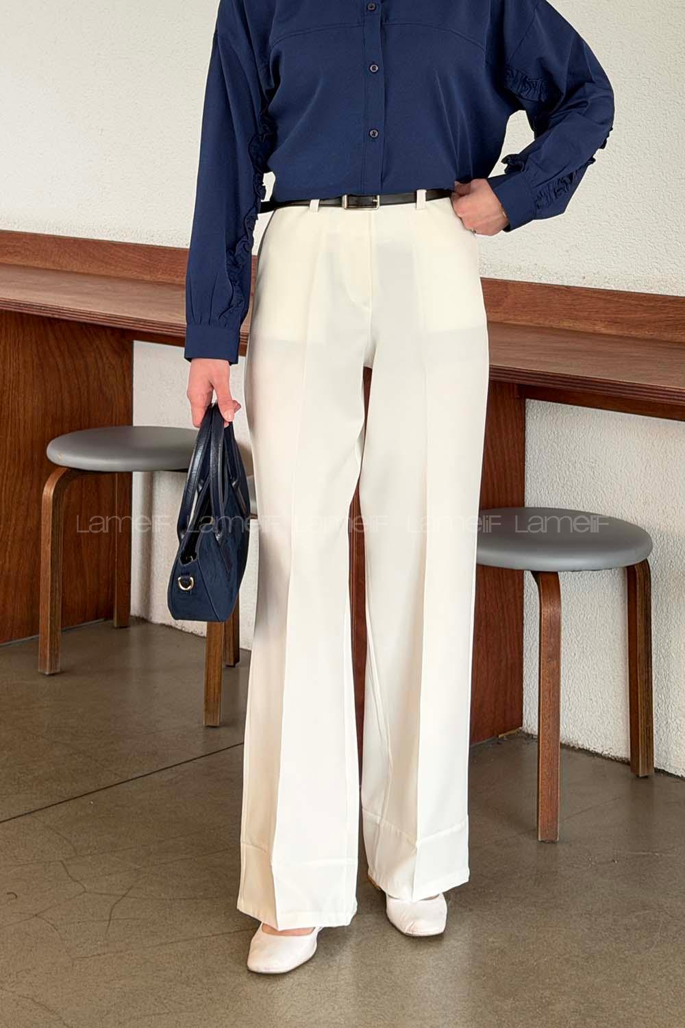 Lamelif Yüksek Bel Kemerli Kumaş Pantolon Beyaz