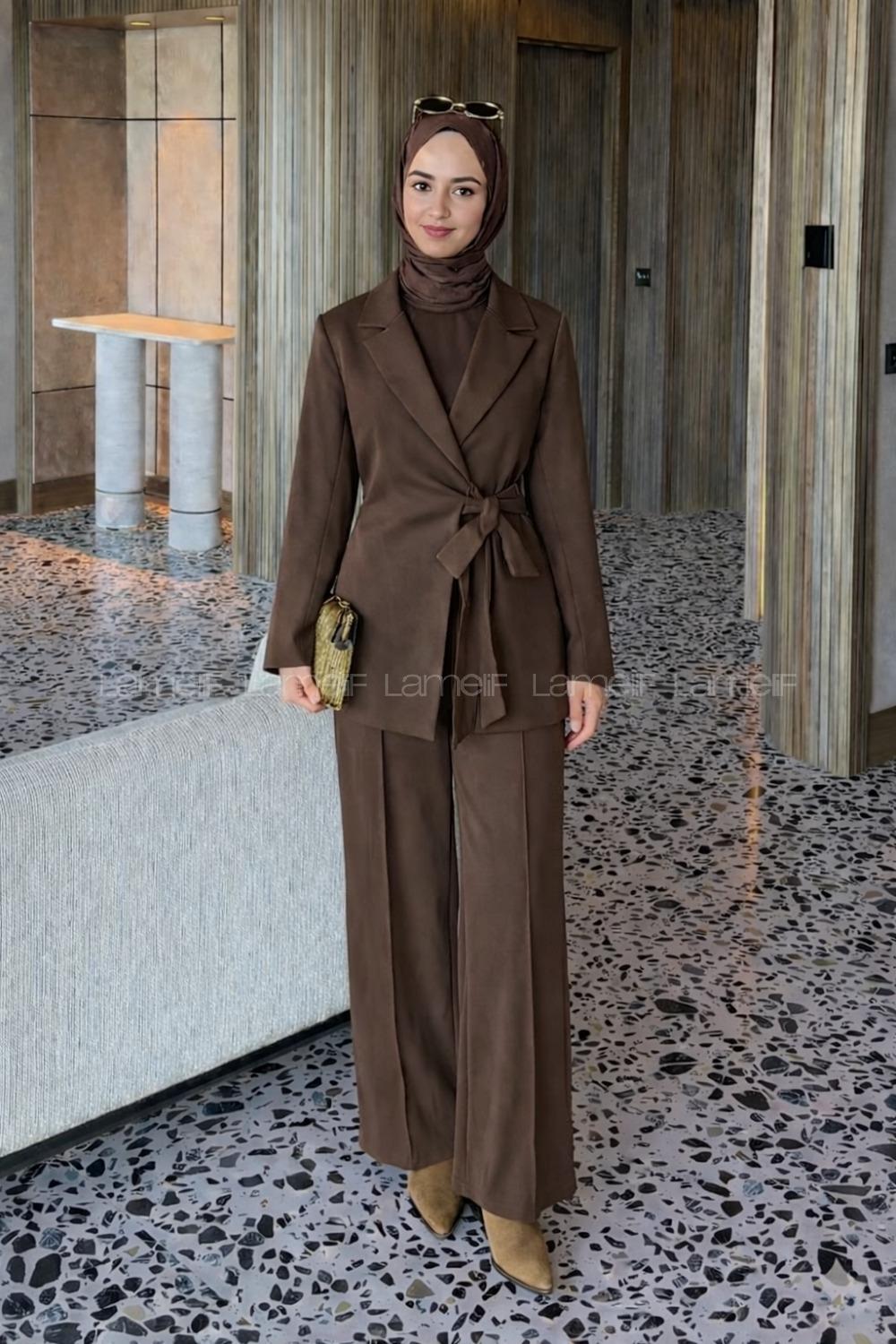 Bitter Brown Jacket Collar Long Arm Elastan Polyester Regular Trousers Comfortable Suit