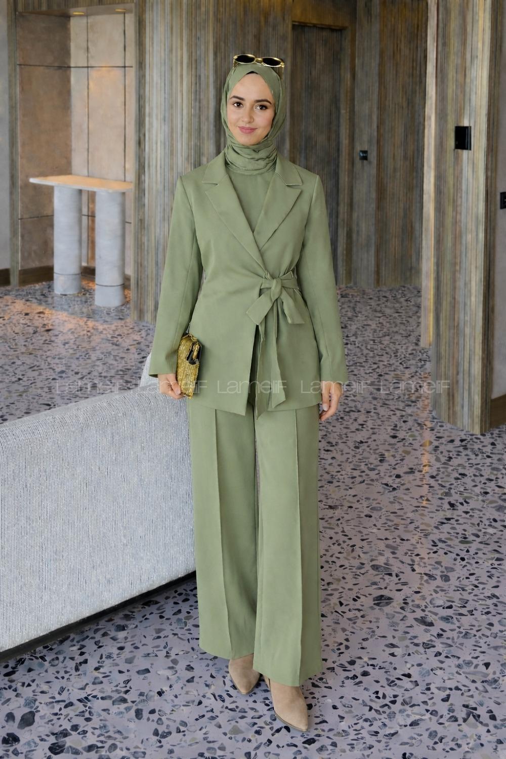 Mint Green Jacket Collar Long Arm Elastan Polyester Regular Trousers Comfortable Suit