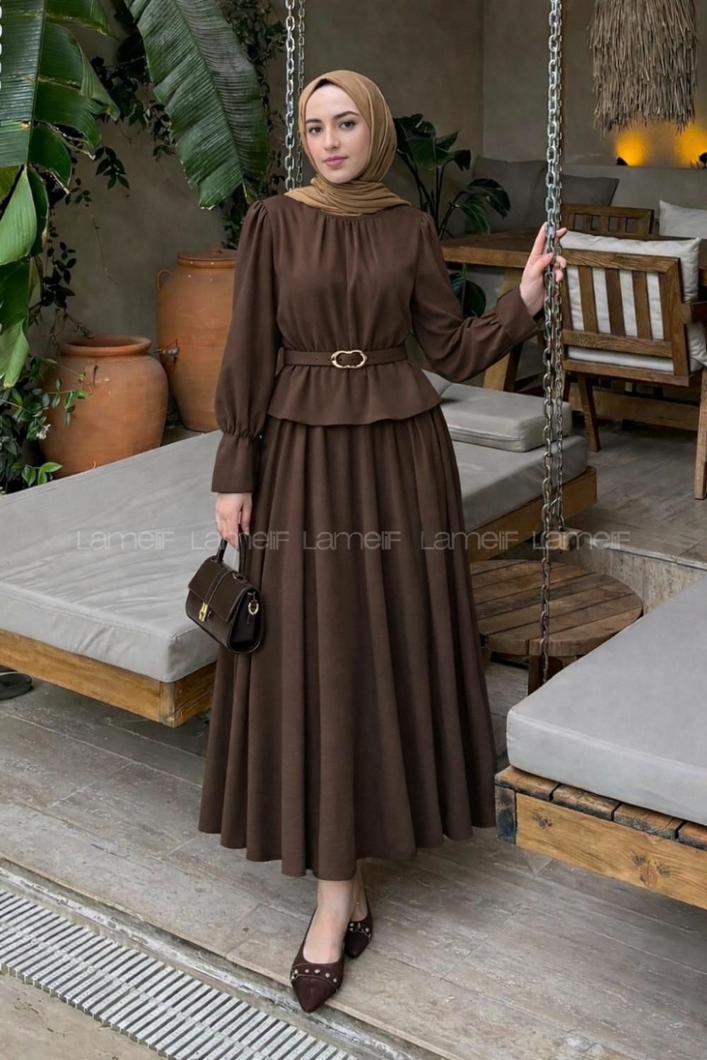 Lamelif Büzgü Detaylı Kemerli Etekli Takım Acı Kahve